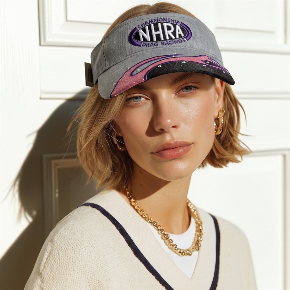 NHRA Championship Drag Racing Ladies Visor Grey Pink Glitter Flames Rhinestone